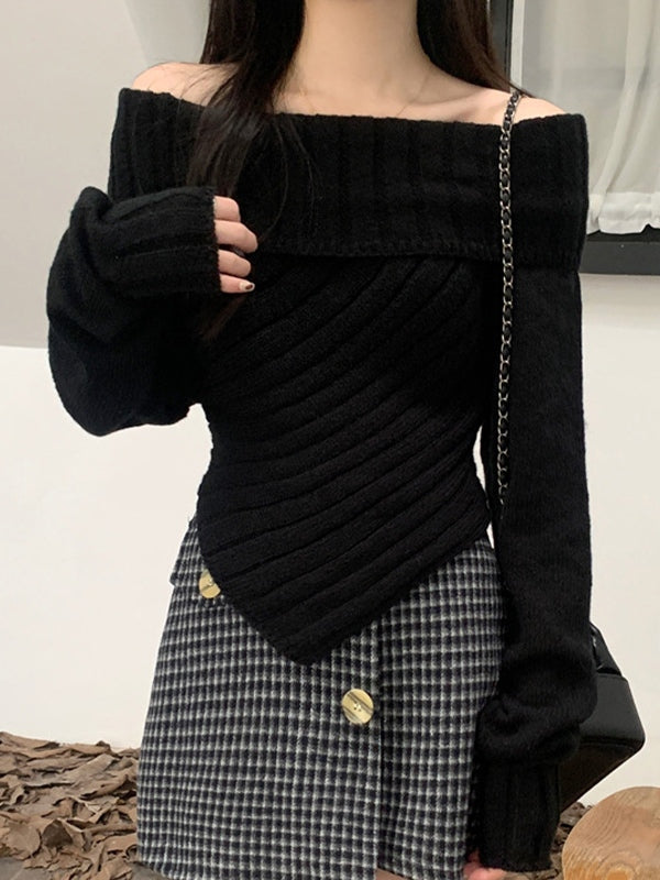 OFF-THE-SHOULDER KNIT SWEATER WITH ASYMMETRICAL HEM - SLIM FIT LONG SLEEVE