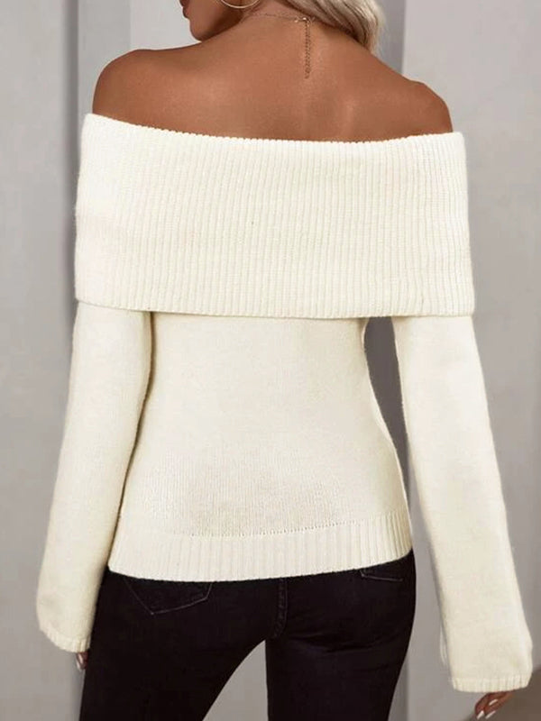 OFF-THE-SHOULDER KNIT SWEATER WITH LONG SLEEVE SLIM FIT DESIGN