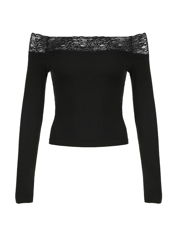 OFF-THE-SHOULDER LONG-SLEEVE TOP WITH LACE INSERT TRIM