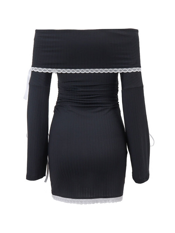 OFF-THE-SHOULDER MINI DRESS WITH LACE SPLICE DESIGN