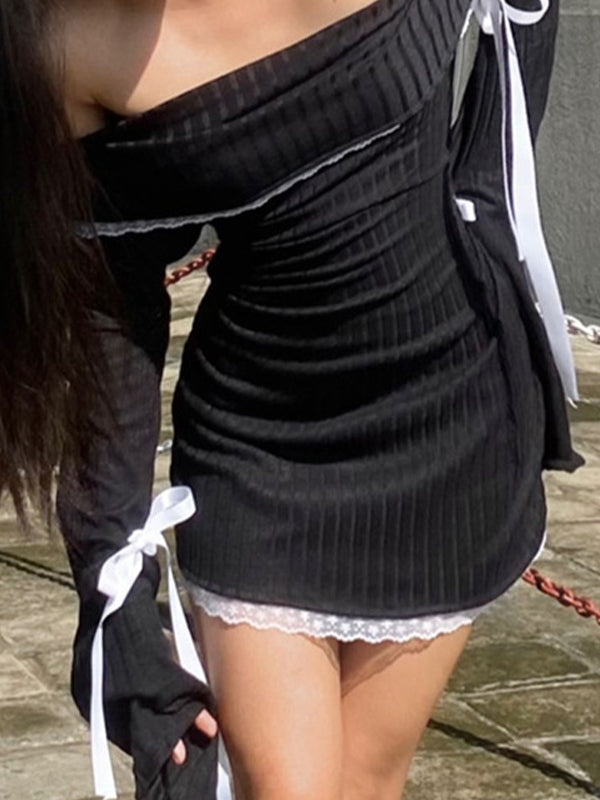 OFF-THE-SHOULDER MINI DRESS WITH LACE SPLICE DESIGN