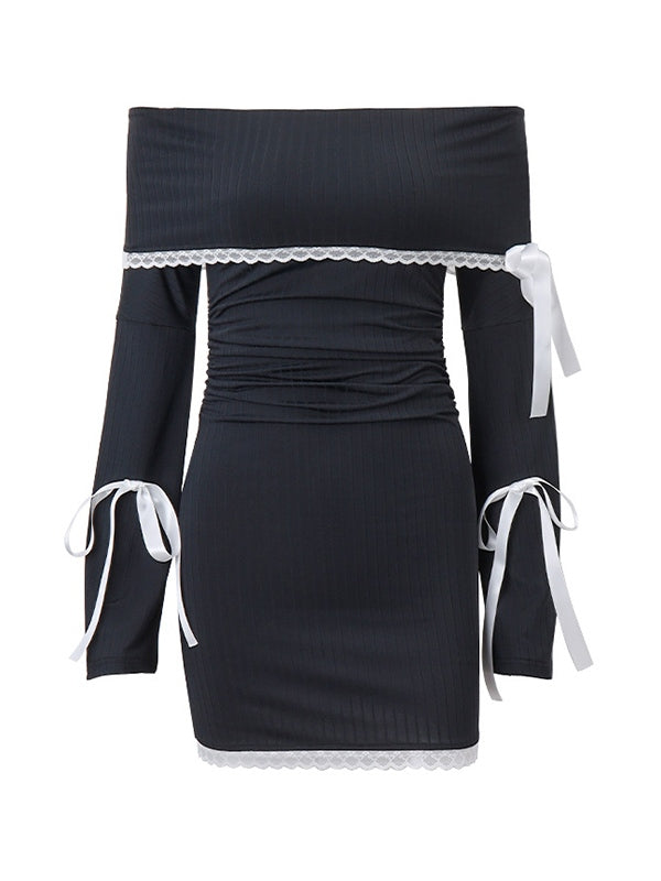 OFF-THE-SHOULDER MINI DRESS WITH LACE SPLICE DESIGN