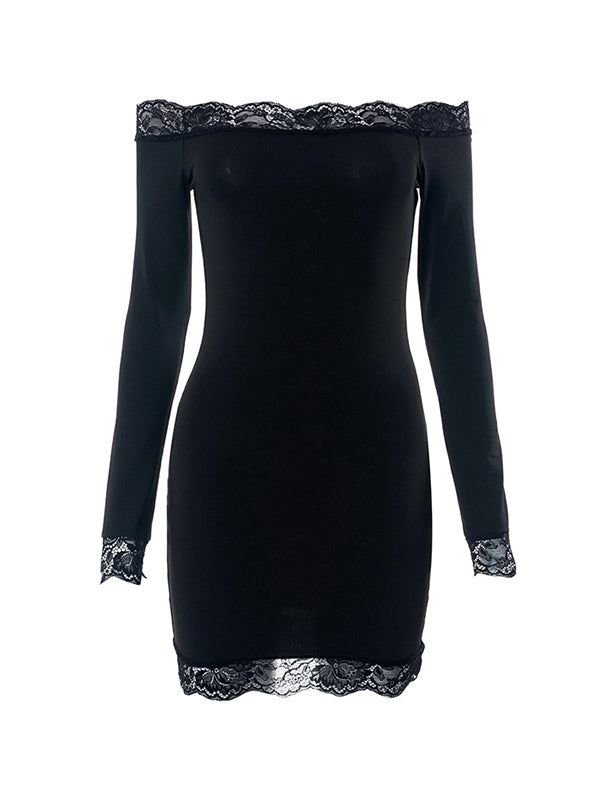 OFF-THE-SHOULDER MINI DRESS WITH LACE TRIM AND SLIM FIT