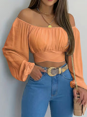 OFF-THE-SHOULDER ORANGE CROP TOP FOR SPRING SUMMER WITH STRAPLESS MICRO-ELASTICIITY