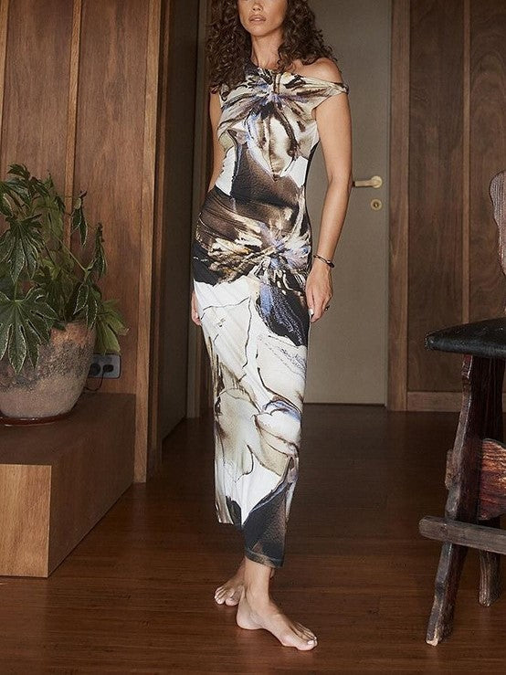 OFF-THE-SHOULDER PATTERNED MAXI DRESS SLIM FIT DESIGN
