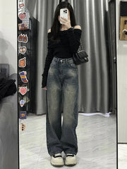 OFF-THE-SHOULDER TOP AND BAGGY JEANS SET VINTAGE WASHED LIGHT