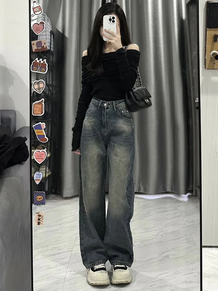 OFF-THE-SHOULDER TOP AND BAGGY JEANS SET VINTAGE WASHED LIGHT