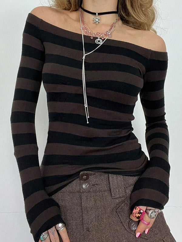 OFF-THE-SHOULDER TOP WITH UNIQUE STRIPED DESIGN IN BROWN AND BLACK