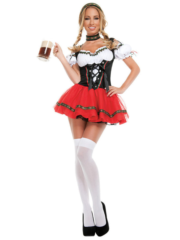 Oktoberfest Costume Bar Waiter Maid Uniform Halloween Costume - Red / S