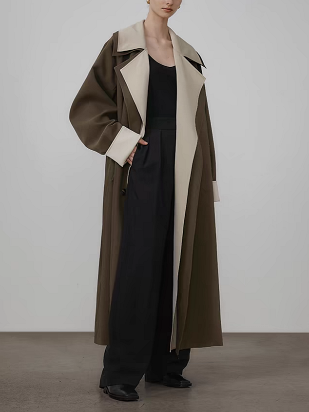 OLIVE GREEN AND BEIGE TRENCH COAT CLASSIC OVERSIZE LONG COAT