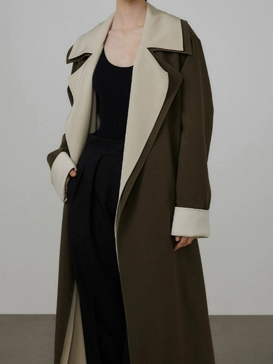 OLIVE GREEN AND BEIGE TRENCH COAT CLASSIC OVERSIZE LONG COAT