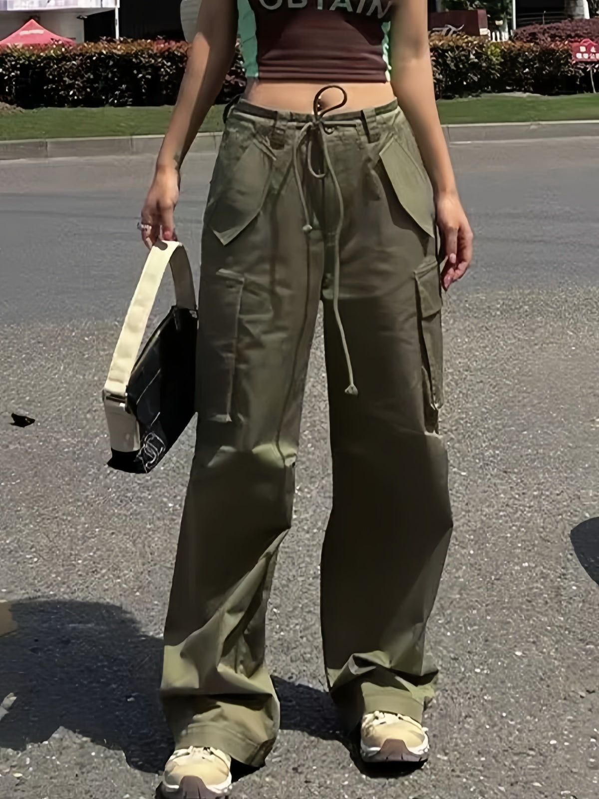 OLIVE GREEN CARGO PANTS WITH MULTIPLE POCKETS AND LOOSE FIT