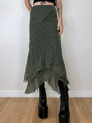 OLIVE GREEN FLORAL MIDI SKIRT VINTAGE-INSPIRED MIDI SKIRT