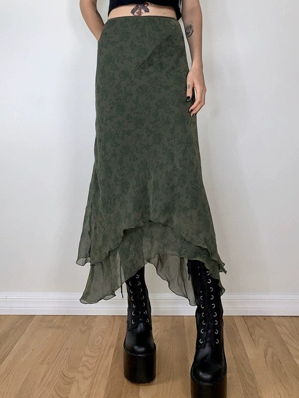 OLIVE GREEN FLORAL MIDI SKIRT VINTAGE-INSPIRED MIDI SKIRT