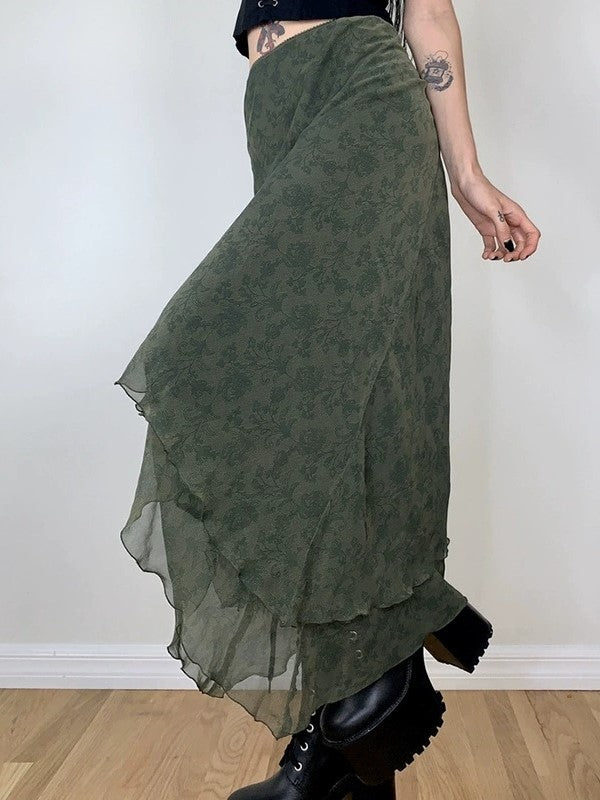 OLIVE GREEN FLORAL MIDI SKIRT VINTAGE-INSPIRED MIDI SKIRT
