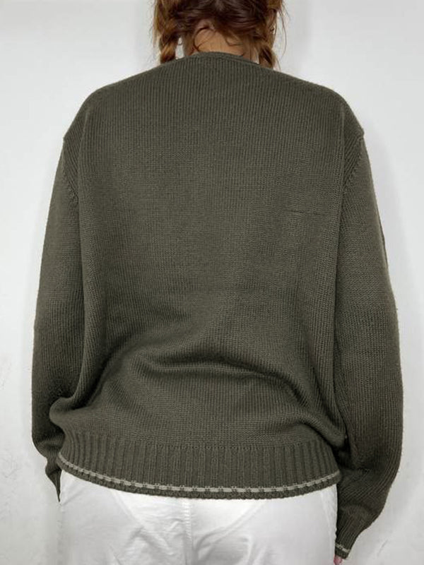 OLIVE GREEN JACQUARD KNIT SWEATER 90S STREET STYLE