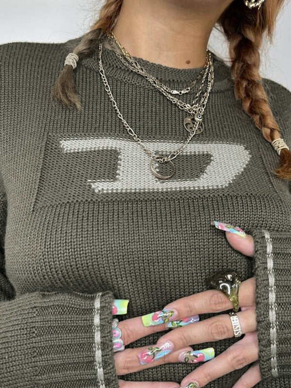 OLIVE GREEN JACQUARD KNIT SWEATER 90S STREET STYLE