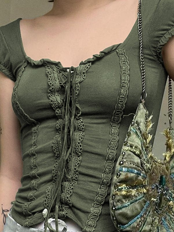 OLIVE GREEN LACE-TRIM CORSET TOP WITH SLIM FIT DESIGN