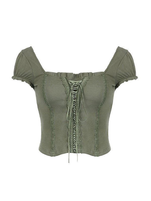 OLIVE GREEN LACE-TRIM CORSET TOP WITH SLIM FIT DESIGN