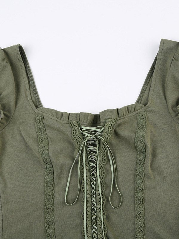 OLIVE GREEN LACE-TRIM CORSET TOP WITH SLIM FIT DESIGN