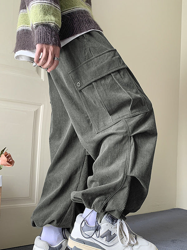 OLIVE GREEN LOOSE CORDUROY CARGO PANTS WITH TIED FEET
