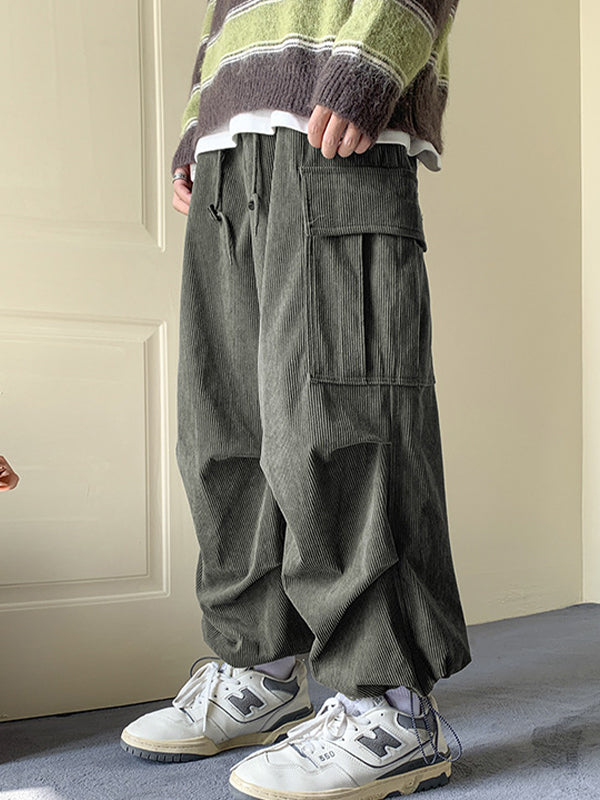 OLIVE GREEN LOOSE CORDUROY CARGO PANTS WITH TIED FEET