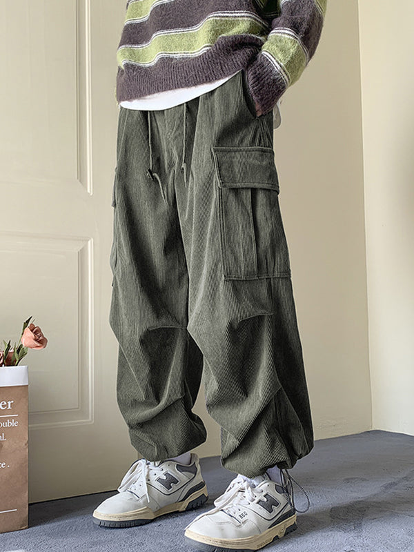 OLIVE GREEN LOOSE CORDUROY CARGO PANTS WITH TIED FEET