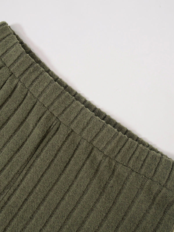 OLIVE GREEN RIBBED KNIT FLARE PANTS HIGH WAIST TROUSERS