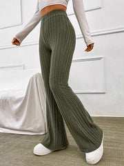 OLIVE GREEN RIBBED KNIT FLARE PANTS HIGH WAIST TROUSERS