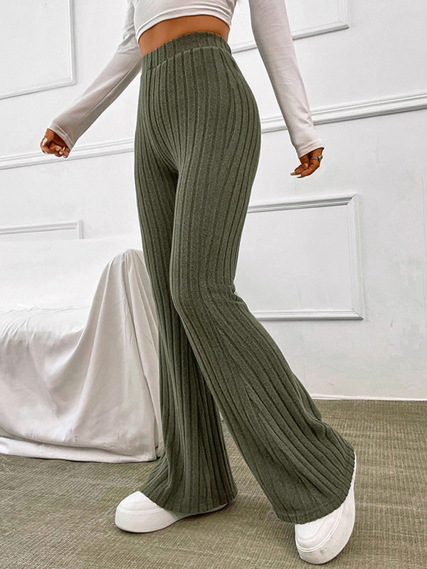 OLIVE GREEN RIBBED KNIT FLARE PANTS HIGH WAIST TROUSERS