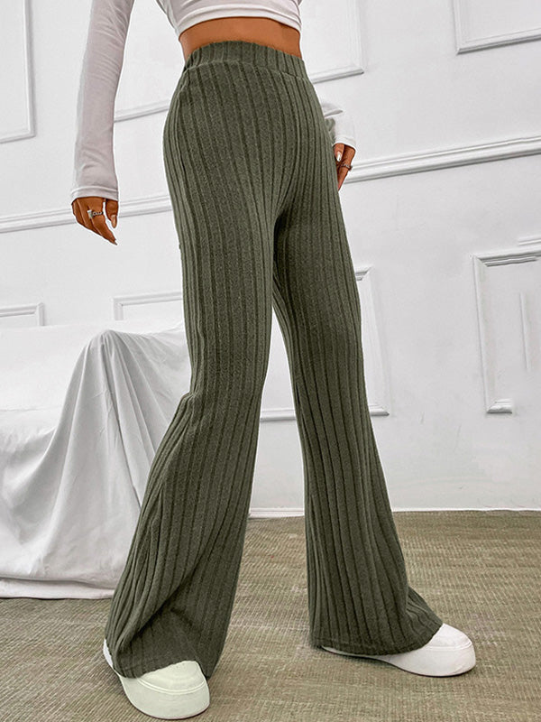 OLIVE GREEN RIBBED KNIT FLARE PANTS HIGH WAIST TROUSERS