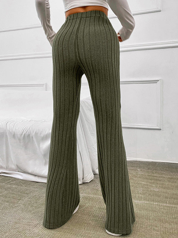 OLIVE GREEN RIBBED KNIT FLARE PANTS HIGH WAIST TROUSERS