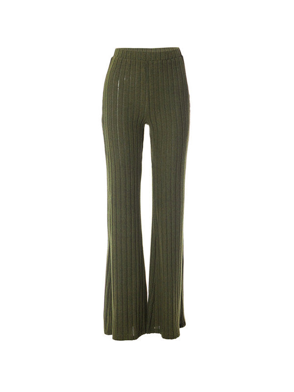 OLIVE GREEN RIBBED KNIT FLARE PANTS HIGH WAIST TROUSERS