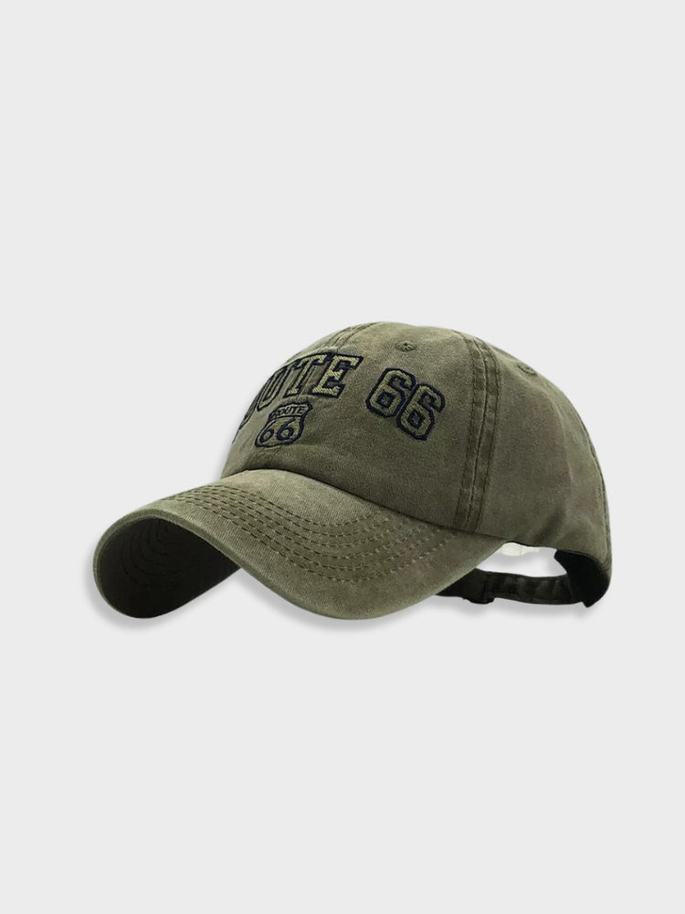 OLIVE GREEN ROUTE 66 BASEBALL CAP WITH EMBROIDERED DESIGN