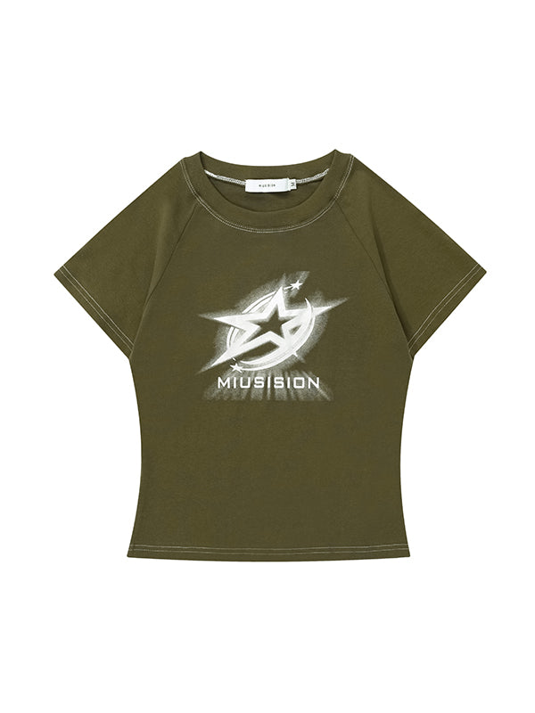 OLIVE GREEN SHORT SLEEVE T-SHIRT WITH STAR LOGO GRAPHIC
