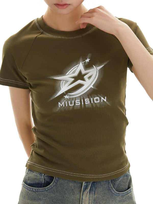 OLIVE GREEN SHORT SLEEVE T-SHIRT WITH STAR LOGO GRAPHIC