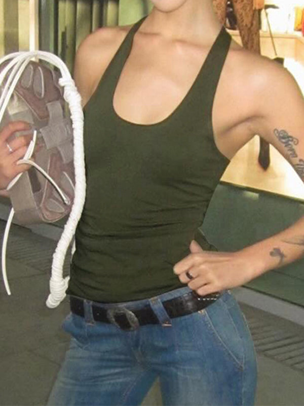 OLIVE GREEN TANK TOP SLIM FIT ROUND NECK SLEEVELESS