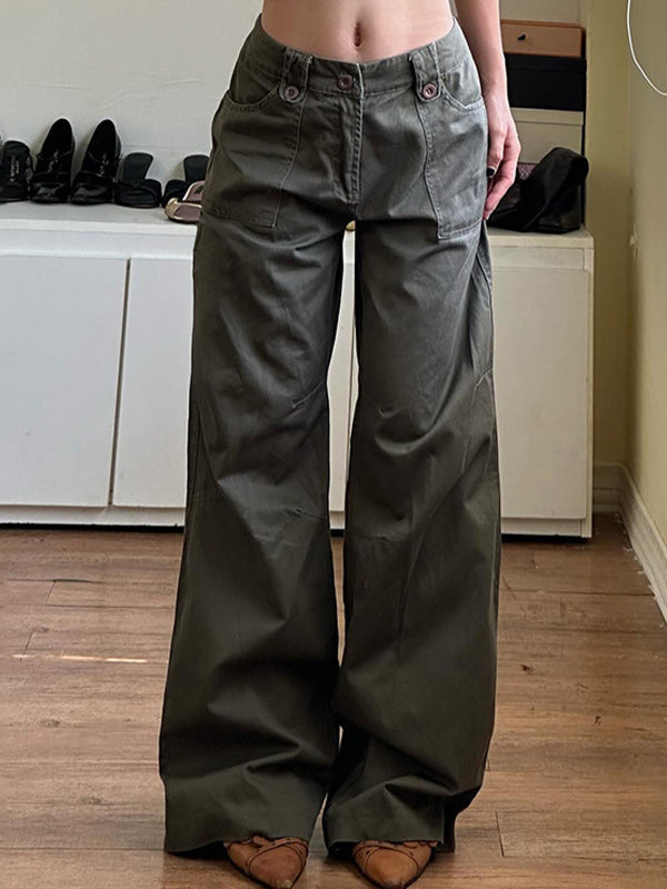 OLIVE GREEN WIDE-LEG PANTS LOOSE FIT VINTAGE