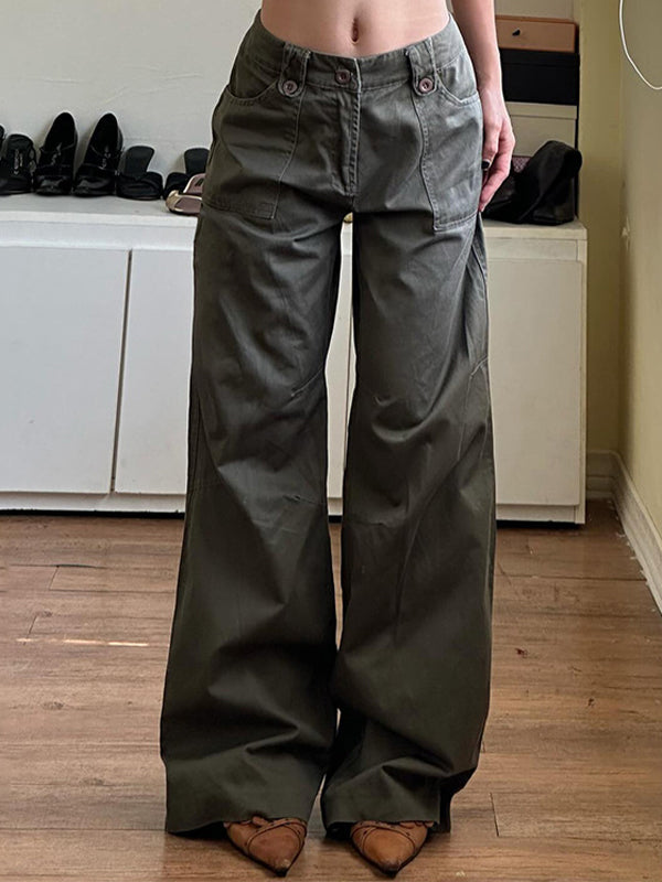 OLIVE GREEN WIDE-LEG PANTS LOOSE FIT VINTAGE
