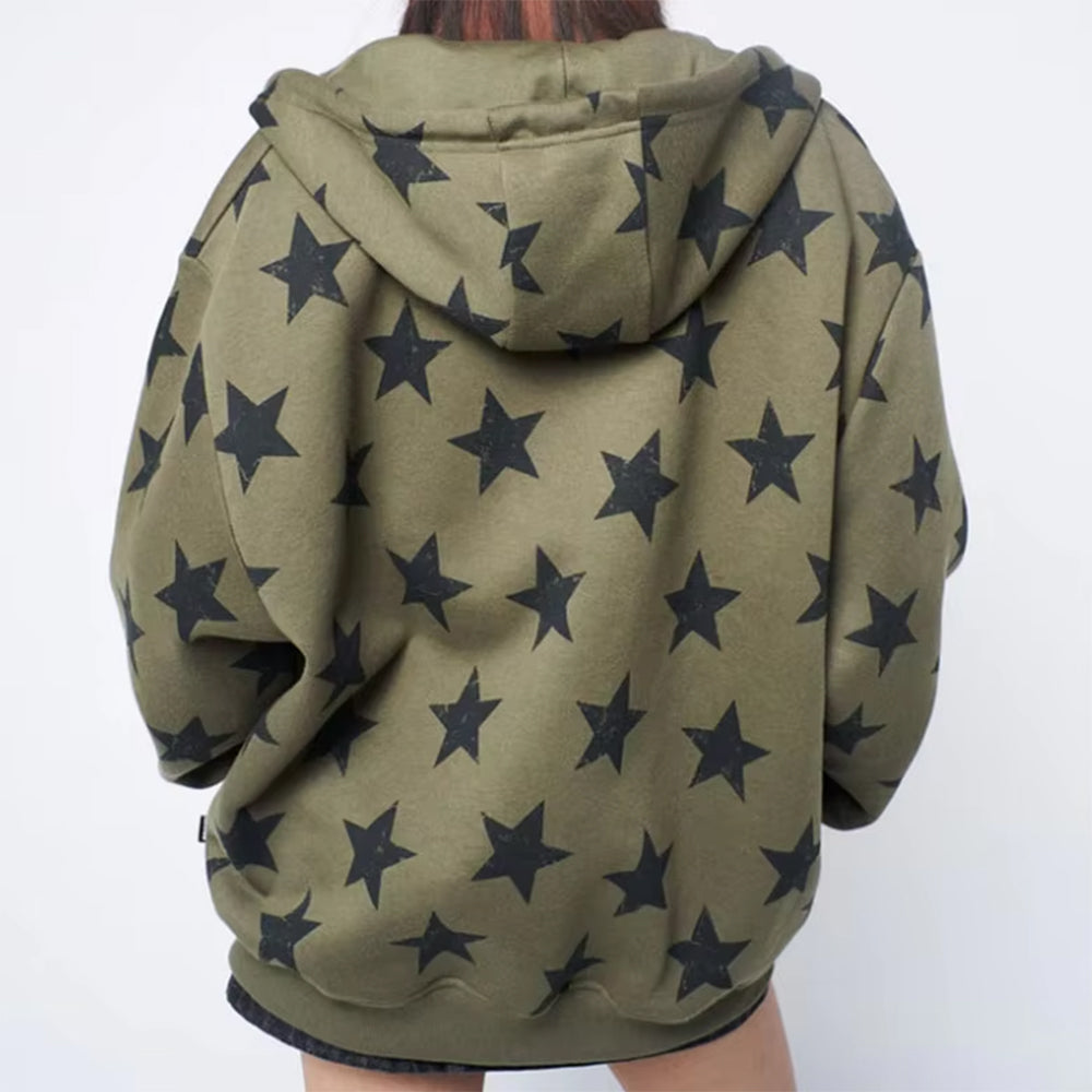 OLIVE STAR PRINT HOODIE Y2K EARLY 2000S