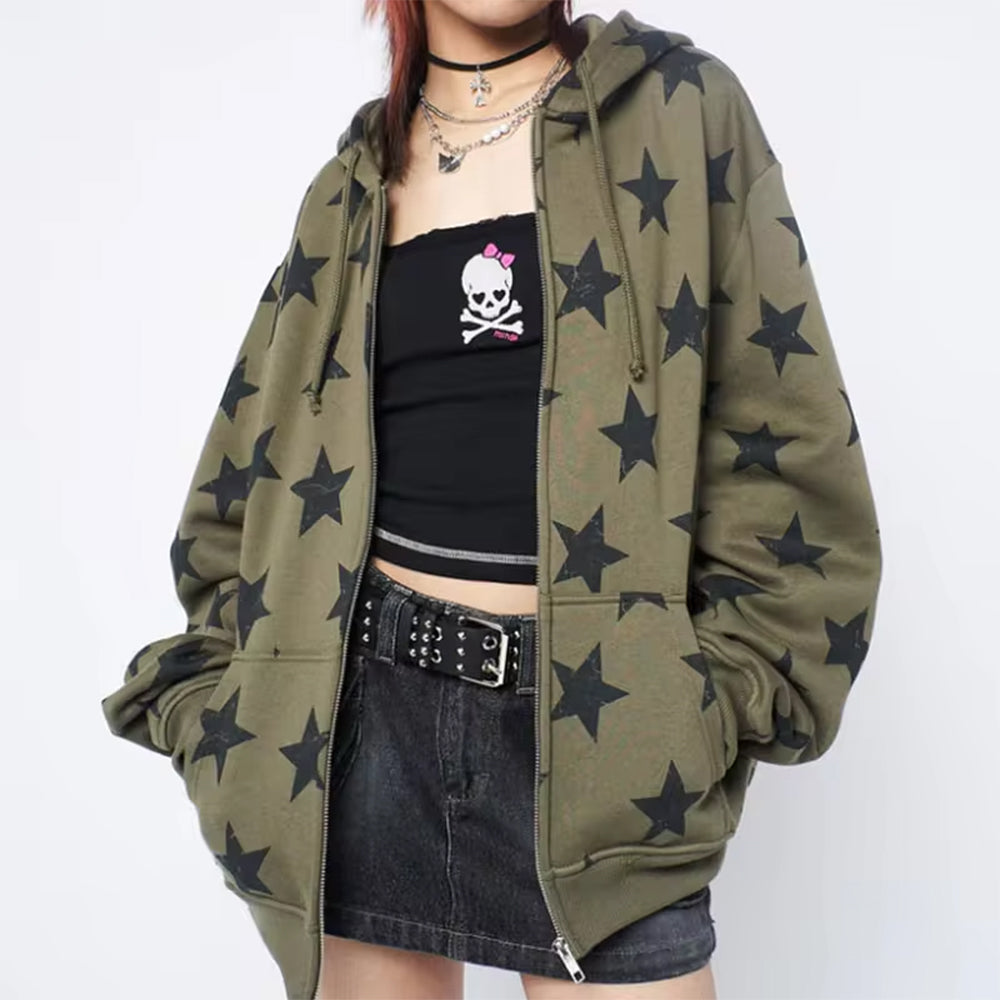 OLIVE STAR PRINT HOODIE Y2K EARLY 2000S