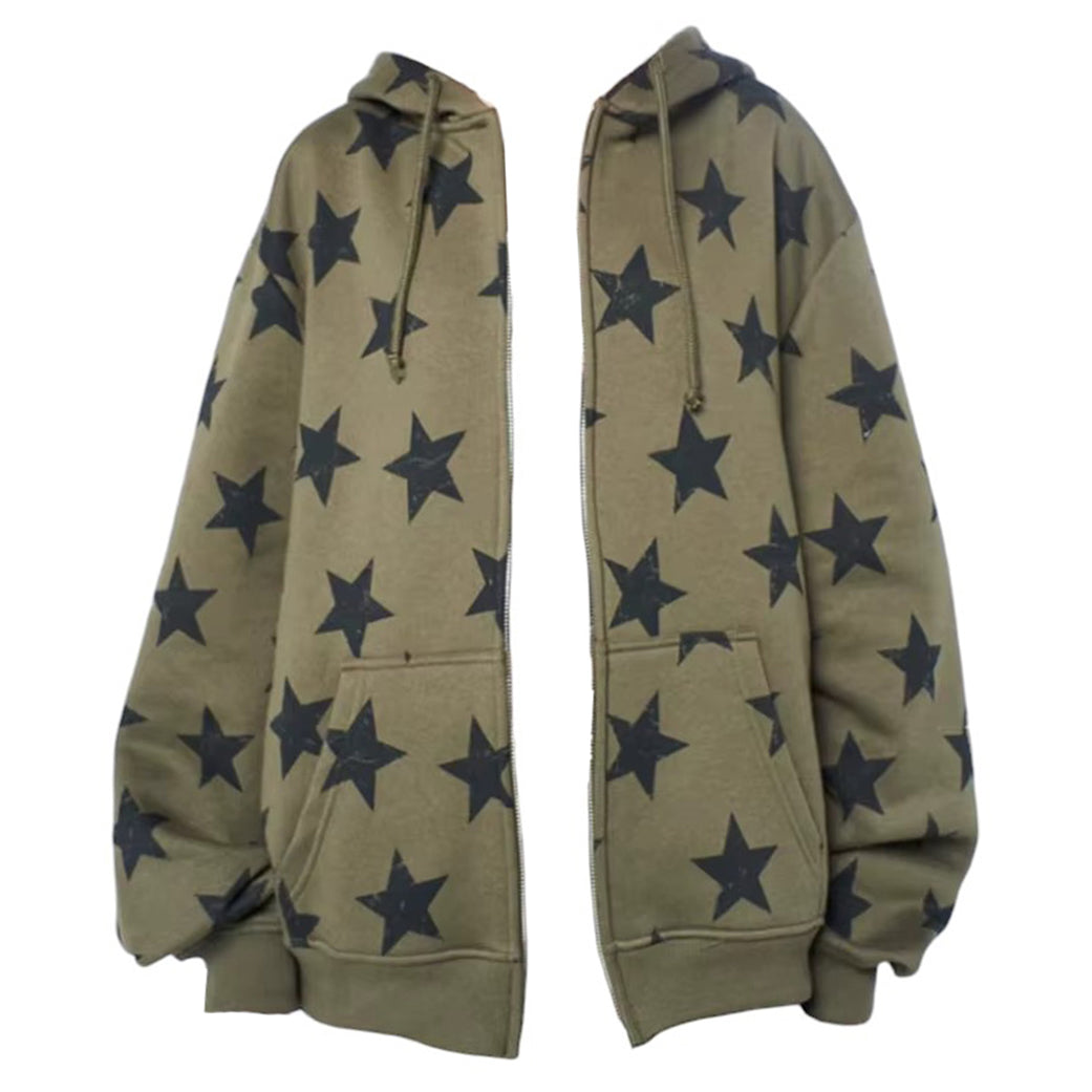 OLIVE STAR PRINT HOODIE Y2K EARLY 2000S