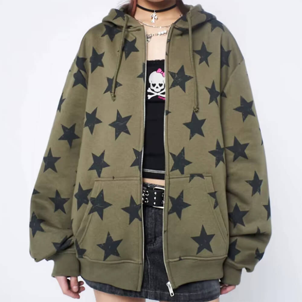 OLIVE STAR PRINT HOODIE Y2K EARLY 2000S