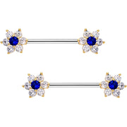 9/16 Blue CZ Gem Shimmering Flower Petal Barbell Nipple Ring Set