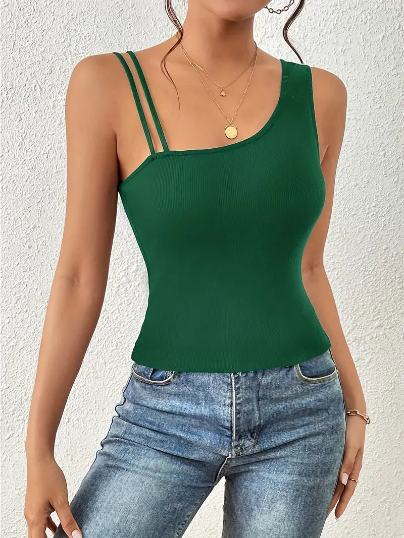ONE-SHOULDER BODYSUIT IN GREEN - SOLID COLOR ASYMMETRICAL CAMI