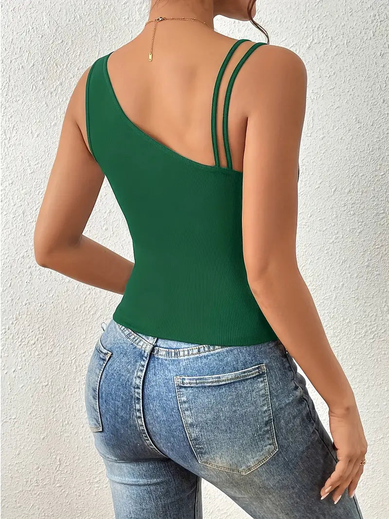 ONE-SHOULDER BODYSUIT IN GREEN - SOLID COLOR ASYMMETRICAL CAMI