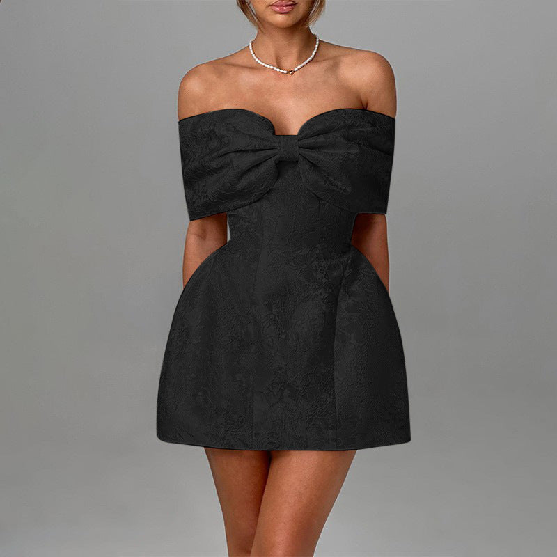 One-shoulder bow sexy backless dress - Black / S