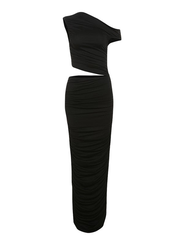 ONE-SHOULDER CUTOUT DRESS WITH MAXI SKIRT AND DELICATE PLEATS