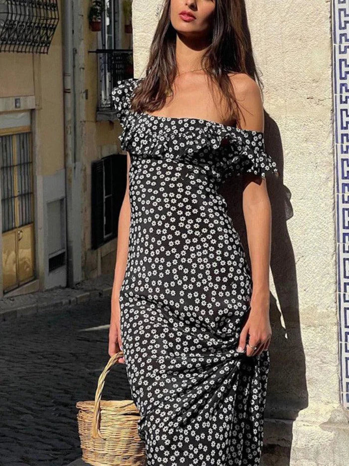 ONE-SHOULDER FLORAL PRINT DRESS WITH ELEGANT SLEEVELESS DESIGN