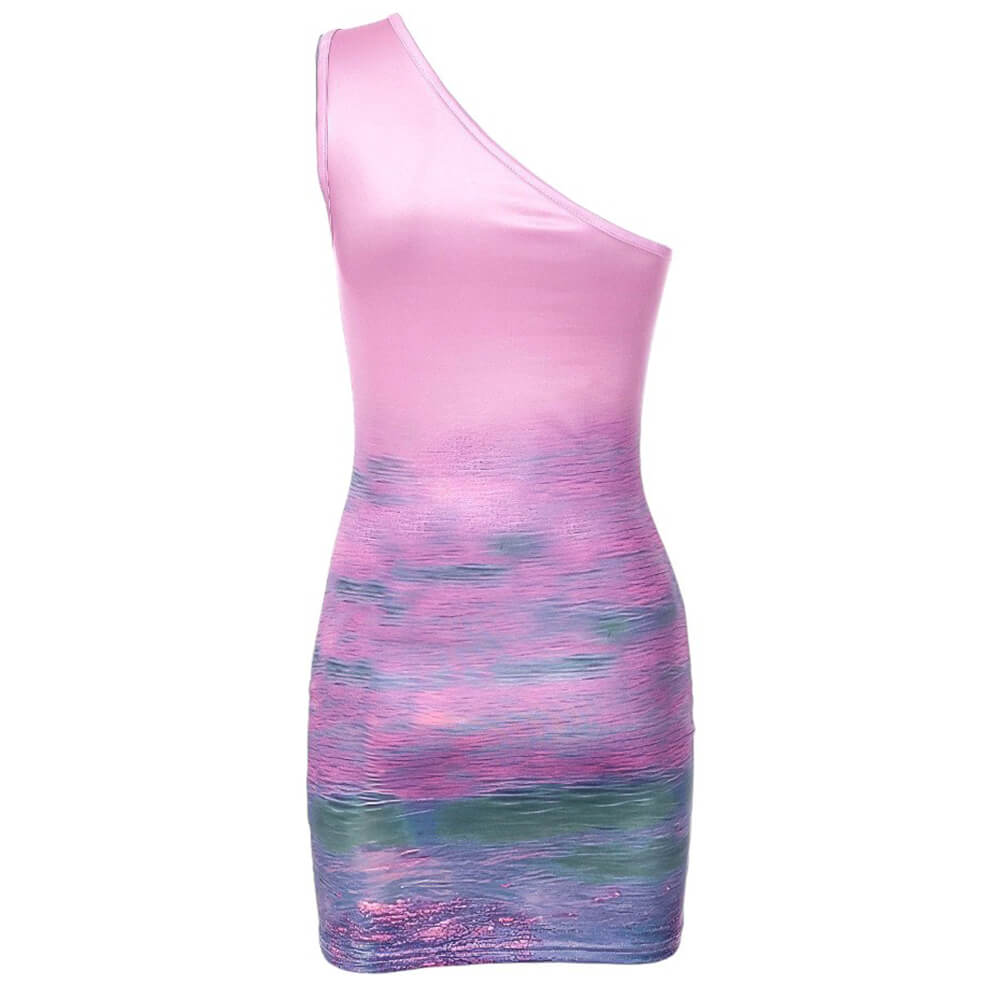 ONE-SHOULDER MINI DRESS WITH HEART SUNSET GRAPHIC Y2K STYLE